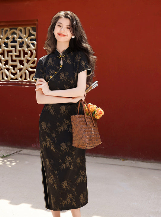 Elegant Jacquard Satin Bamboo Print Black Cheongsam Dress