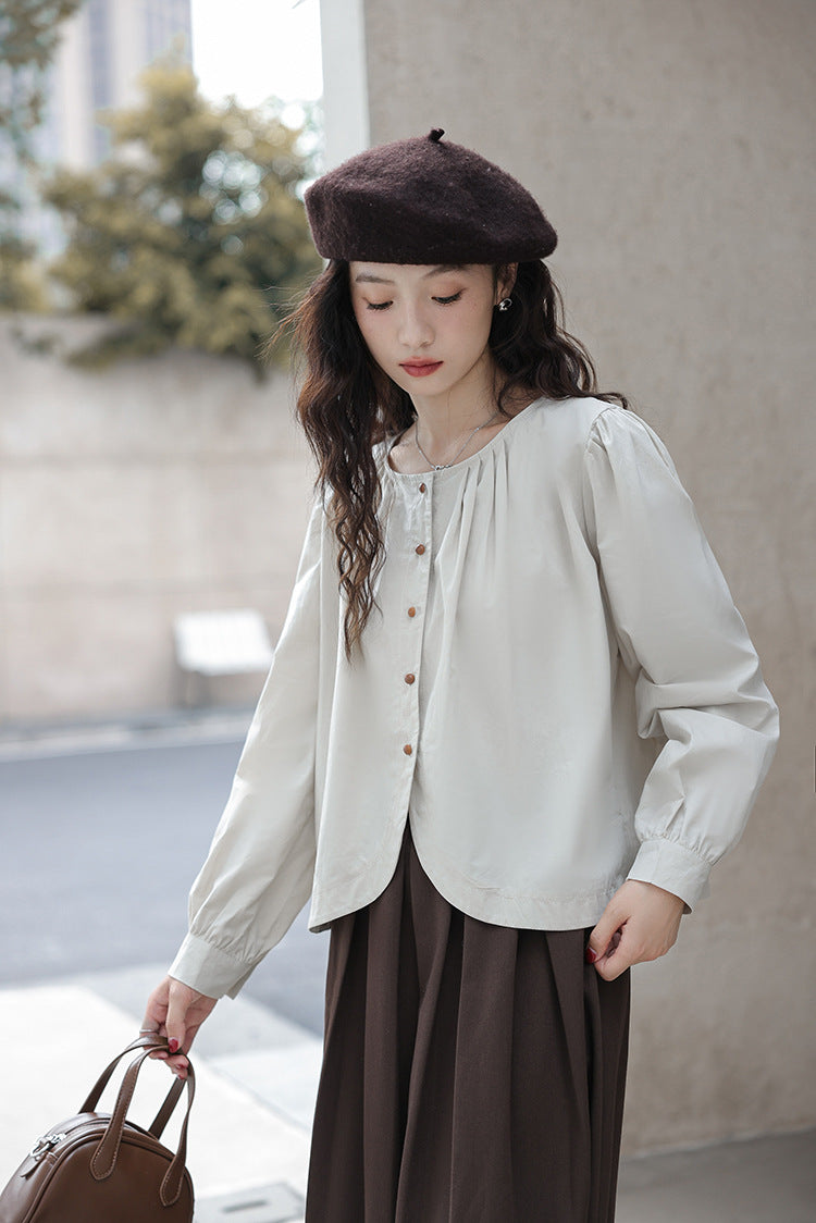 Minimalist Round Neck Buttoned Front Blouse