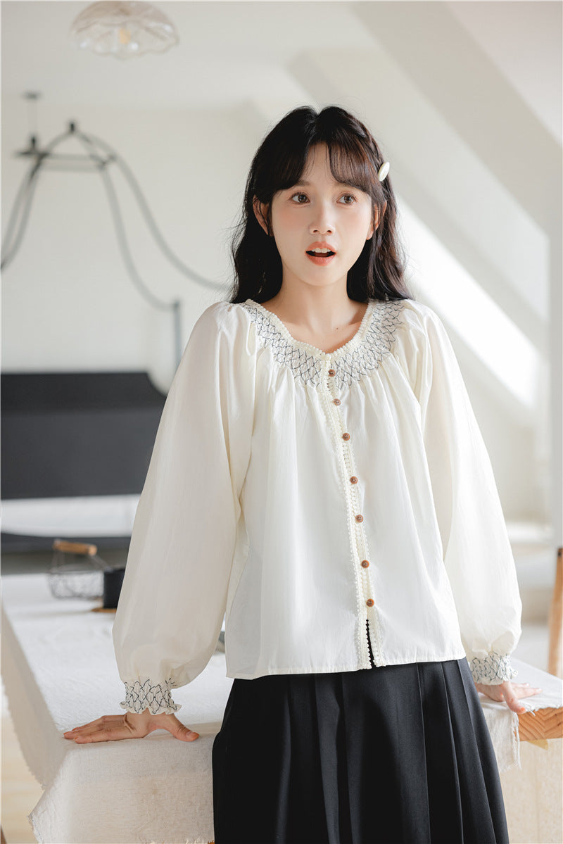 Smocked Yoke Button-Down Long Sleeve Blouse