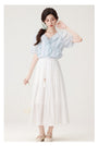 Charming Ruffled Blue Blouse & White Tiered Skirt Set - Masion Chérie