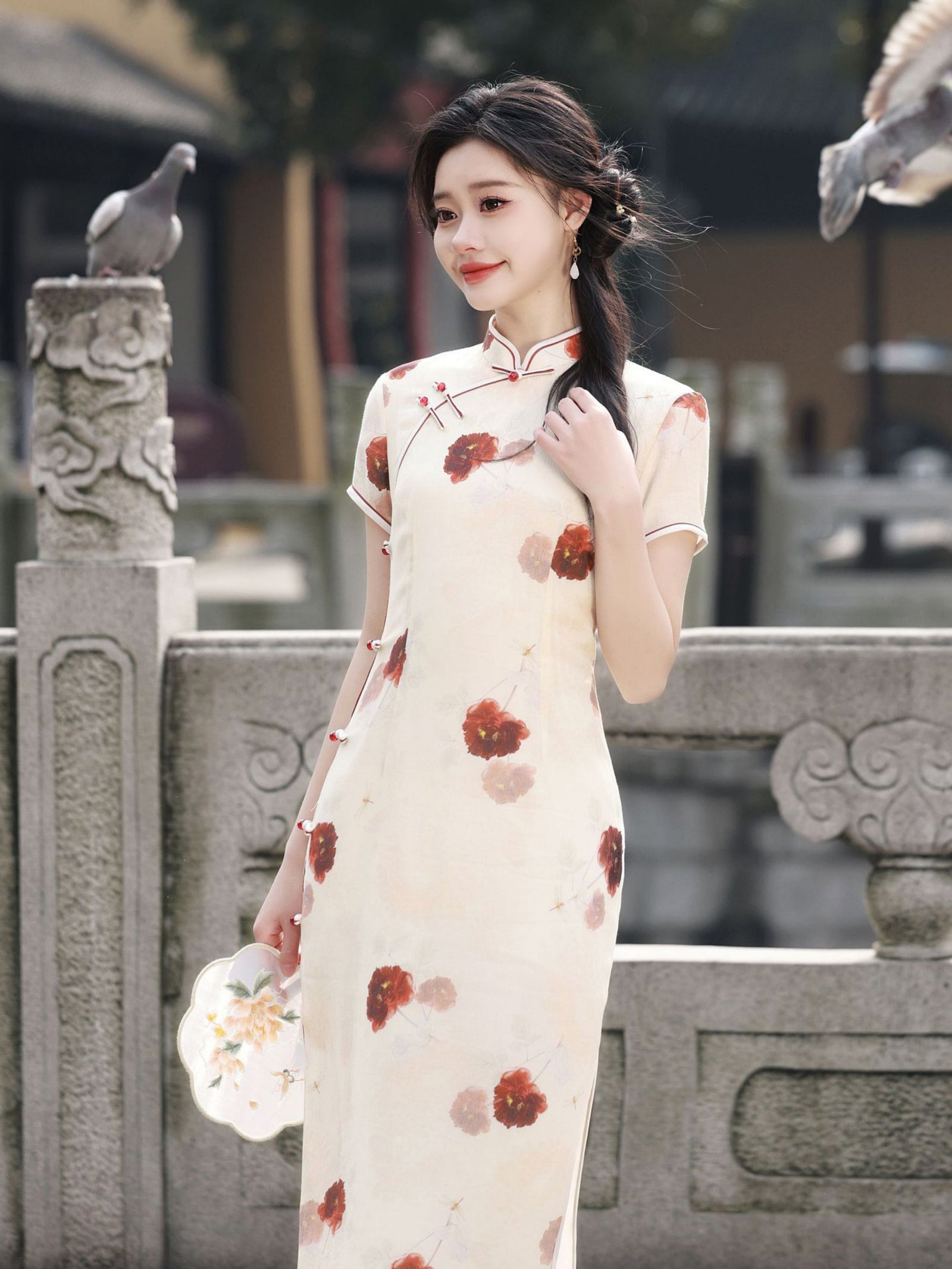 Delicate Ivory Floral Print Cheongsam Dress