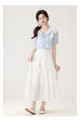 Charming Ruffled Blue Blouse & White Tiered Skirt Set - Masion Chérie