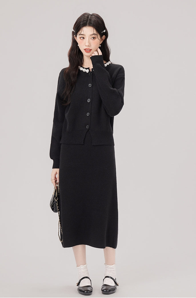 Elegant Embellished Collar Black Knit Cardigan and Skirt Set