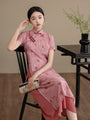 Graceful Watermelon Red Floral Silk Linen Layered Cheongsam Dress