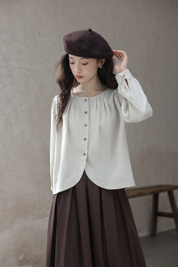 Minimalist Round Neck Buttoned Front Blouse