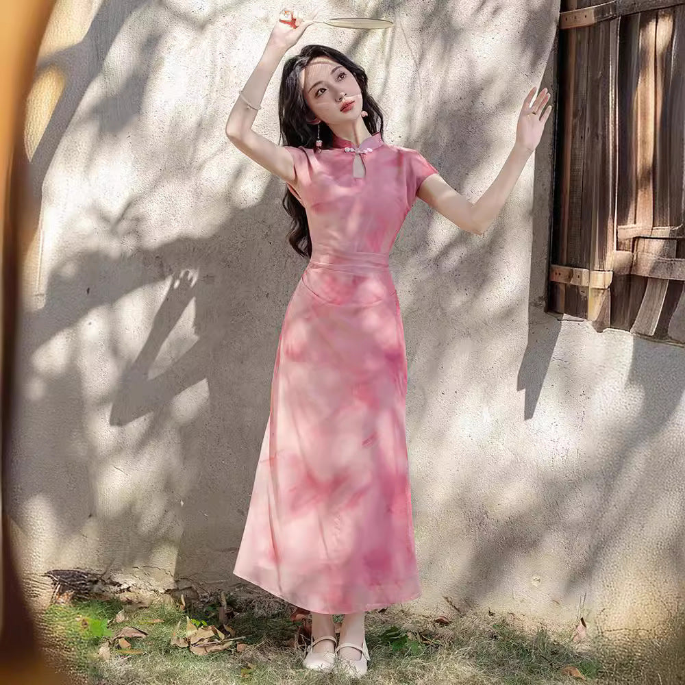 Vintage Pink Watercolor Modified Cheongsam Dress - Masion Chérie