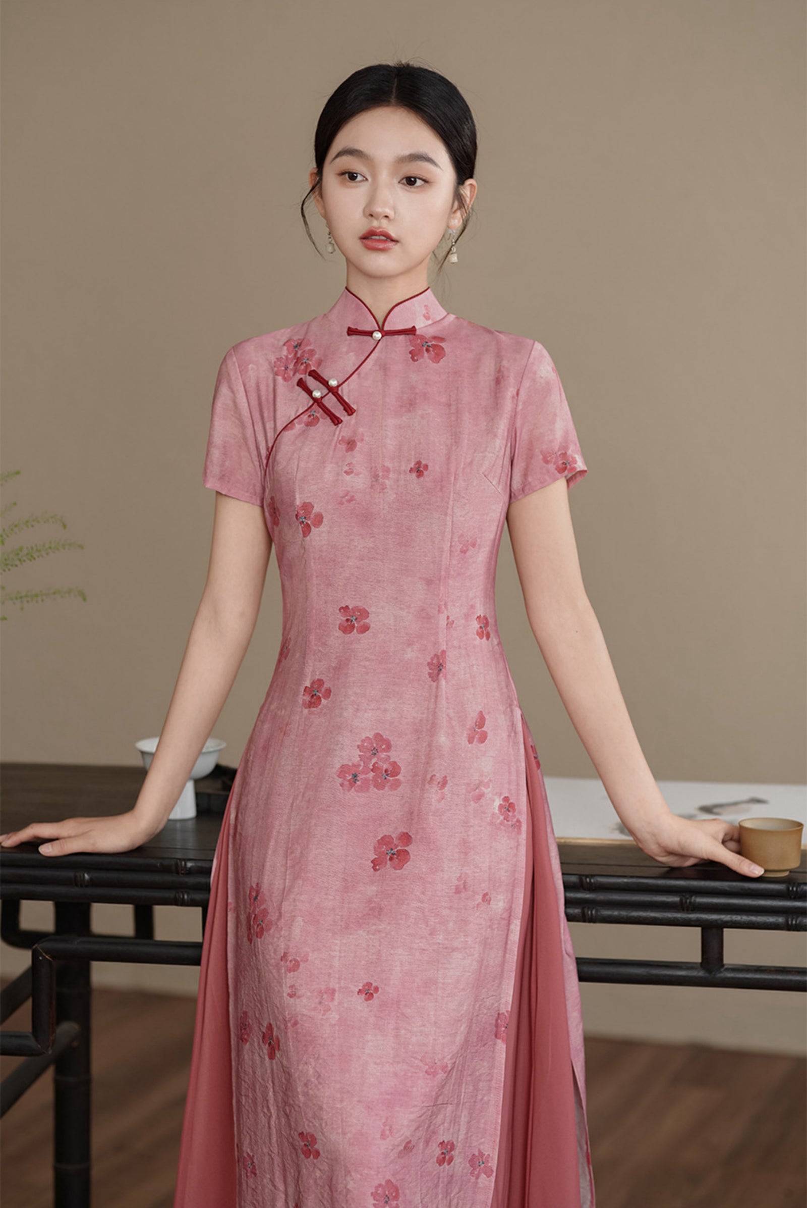 Graceful Watermelon Red Floral Silk Linen Layered Cheongsam Dress