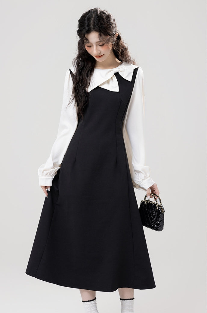 Classic Black Pinafore Layered Look Midi Dress