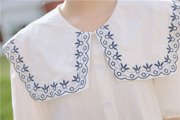 White Embroidered Peter Pan Collar Button-Down Blouse - Masion Chérie