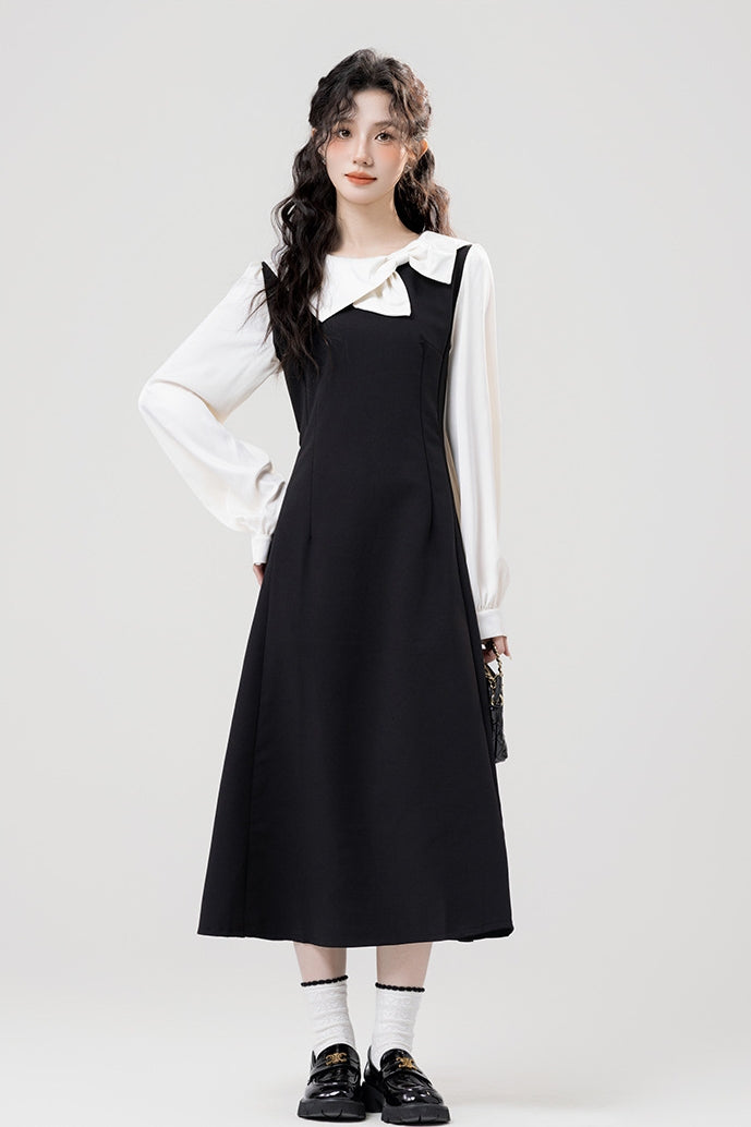 Classic Black Pinafore Layered Look Midi Dress