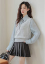 Light Blue Ribbon Tie Button-Up Shirt Grey Knit Vest Set