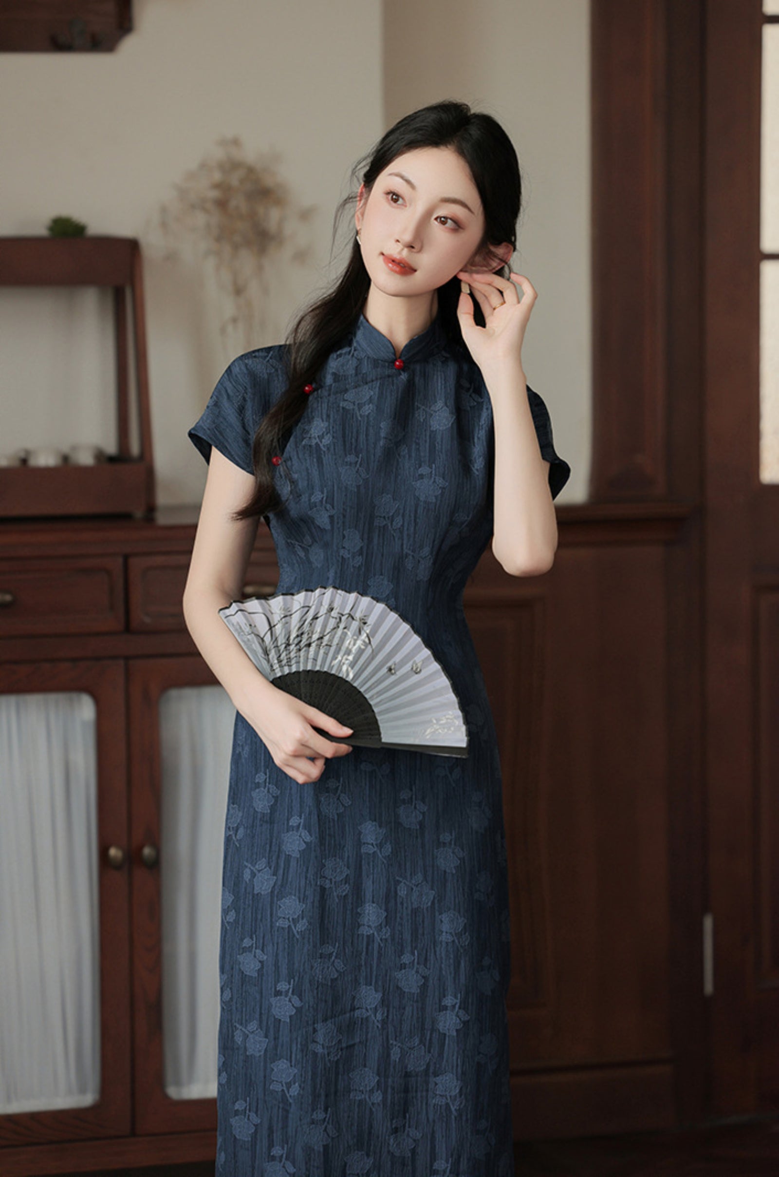 Vintage Navy Blue Floral Modified Cheongsam Dress