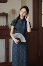 Vintage Navy Blue Floral Modified Cheongsam Dress