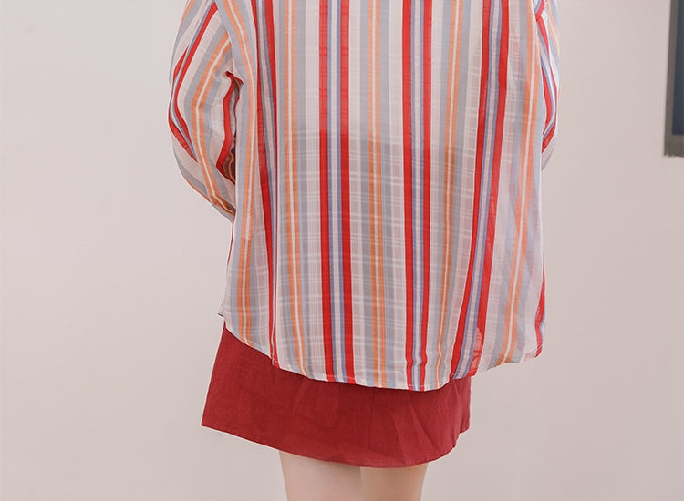 Vibrant Striped Button-Up Long Sleeve Blouse - Masion Chérie