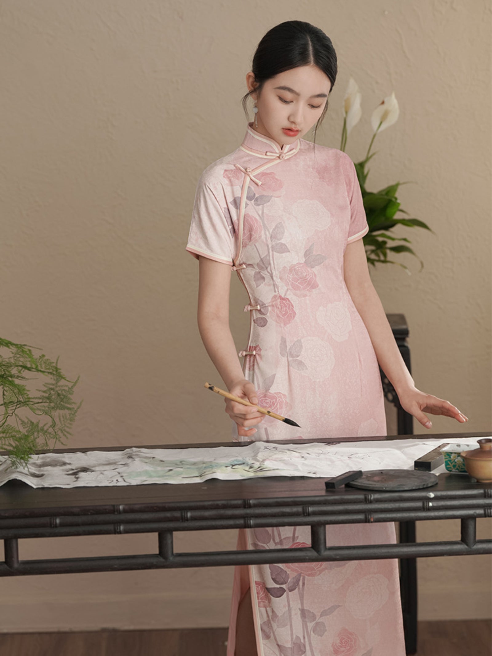 Blush Pink Rose Print Jacquard Cheongsam Dress