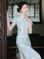 Elegant Blue Floral Print Cheongsam Dress - Masion Chérie