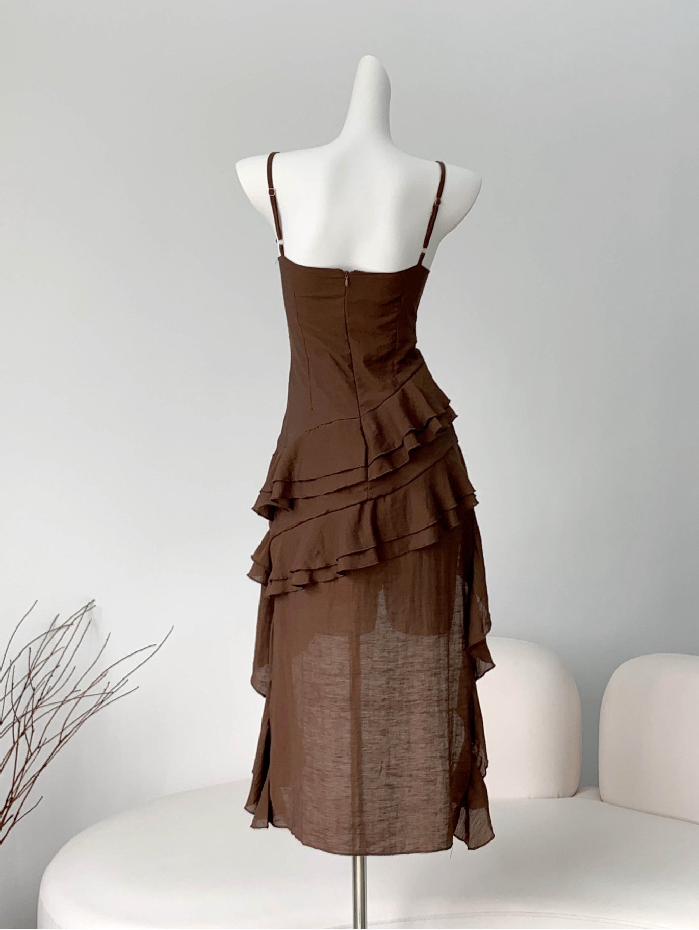 Chic Asymmetrical Ruffle Brown Spaghetti Strap Dress - Masion Chérie