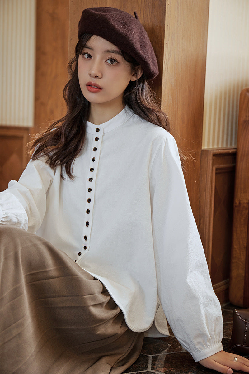 White Long Sleeve Button-Down Blouse - Masion Chérie