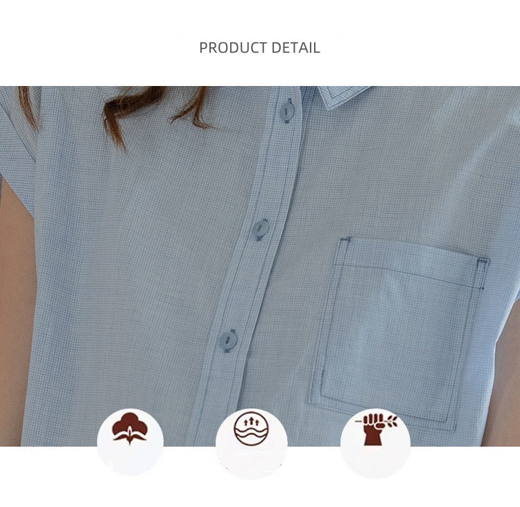 Light Blue Short-Sleeve Button-Down Blouse - Masion Chérie