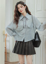 Light Blue Ribbon Tie Button-Up Shirt Grey Knit Vest Set