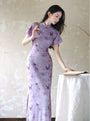 Butterfly Print Violet Cheongsam Dress