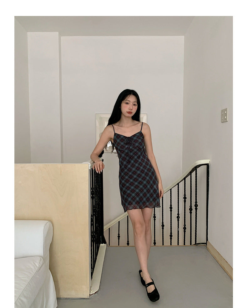 Vintage Plaid Mesh Camisole Dress - Masion Chérie