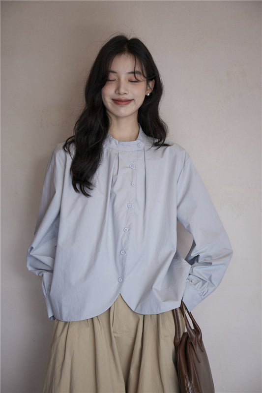 Charming Powder Blue Mandarin Collar Pleated Blouse