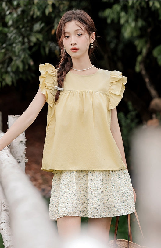 Yellow Ruffled Sleeve Blouse and Floral Mini Skirt Set