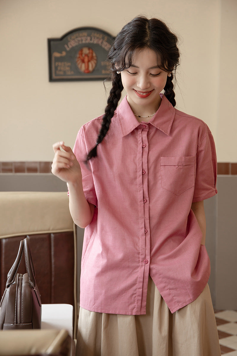 Vintage Pink Short Sleeve Button-Down Shirt - Masion Chérie