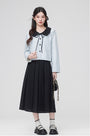 Bow-Tie Collar Blue Buttoned Blouse and Pleated Black Skirt Set