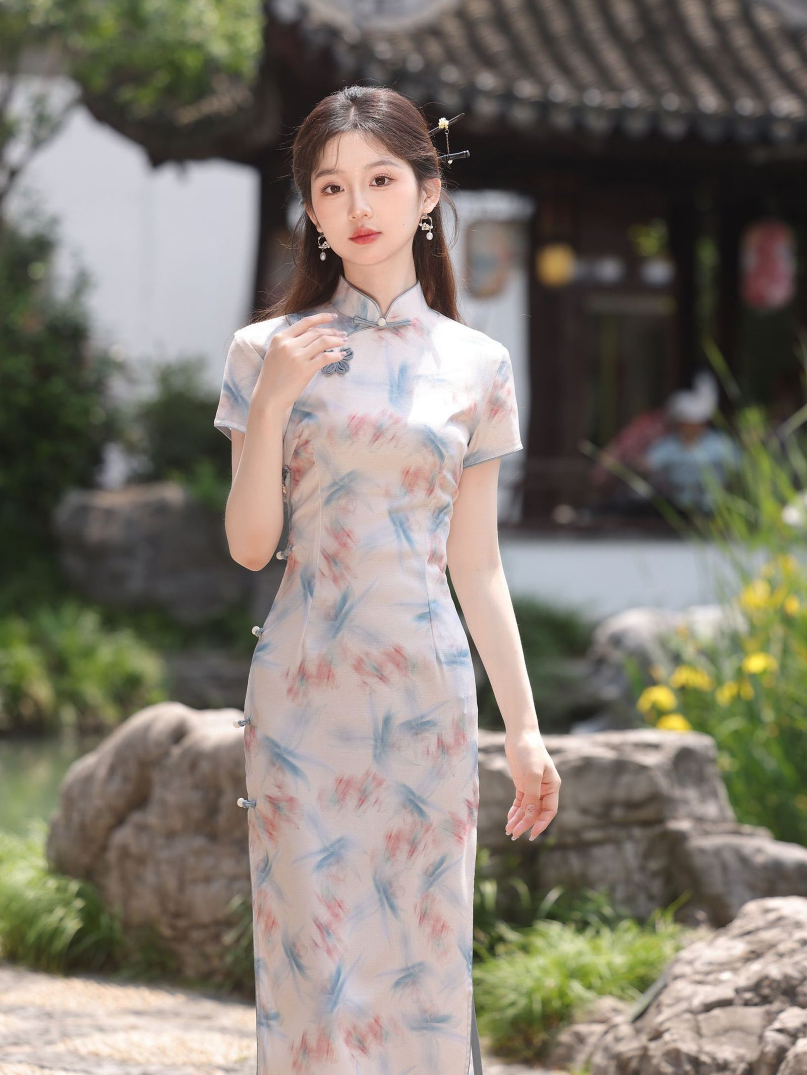 Blush Blue Jacquard Floral Cheongsam Dress