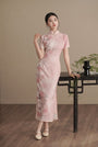 Blush Pink Rose Print Jacquard Cheongsam Dress