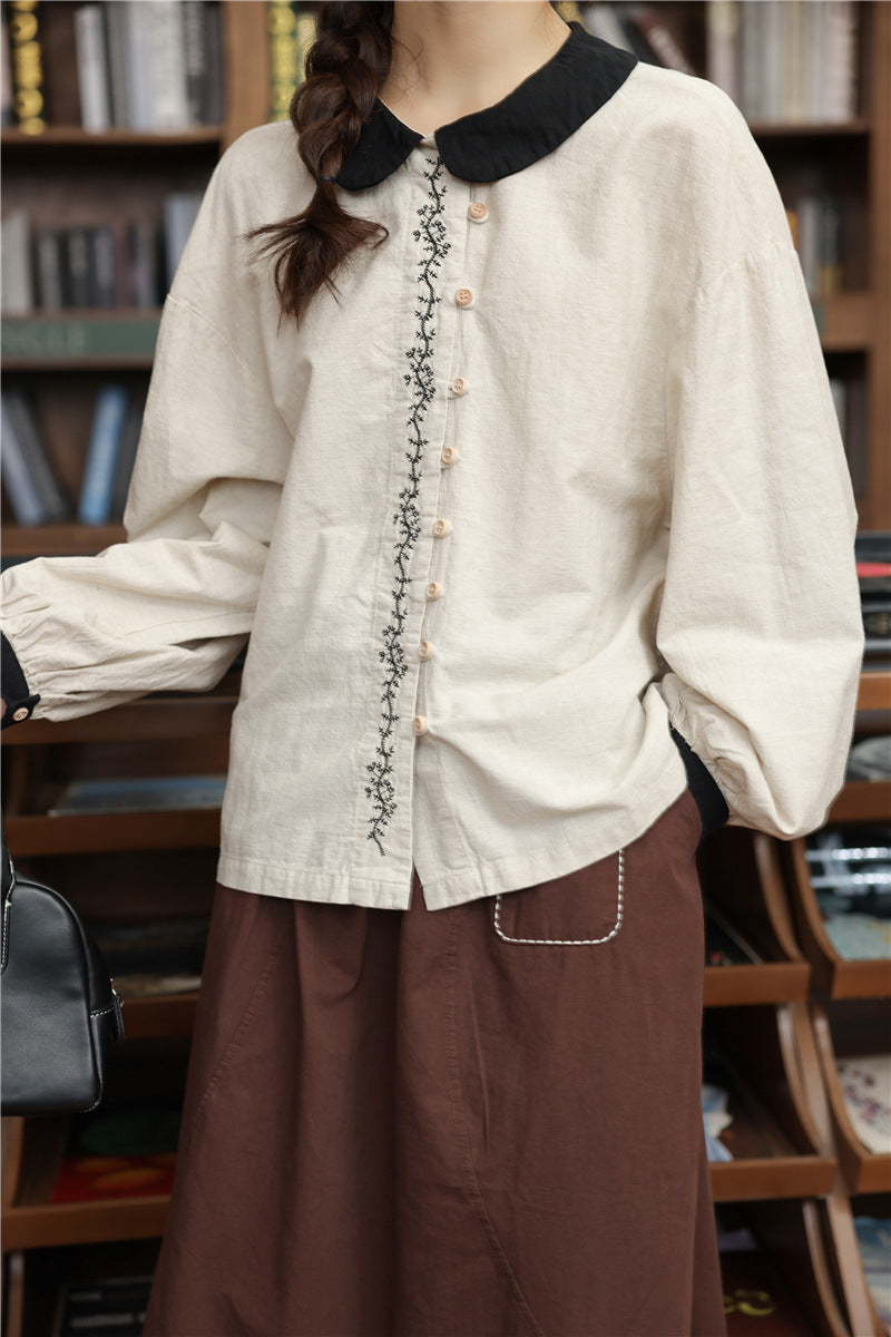 Chic Embroidered Button-Down Linen Blouse