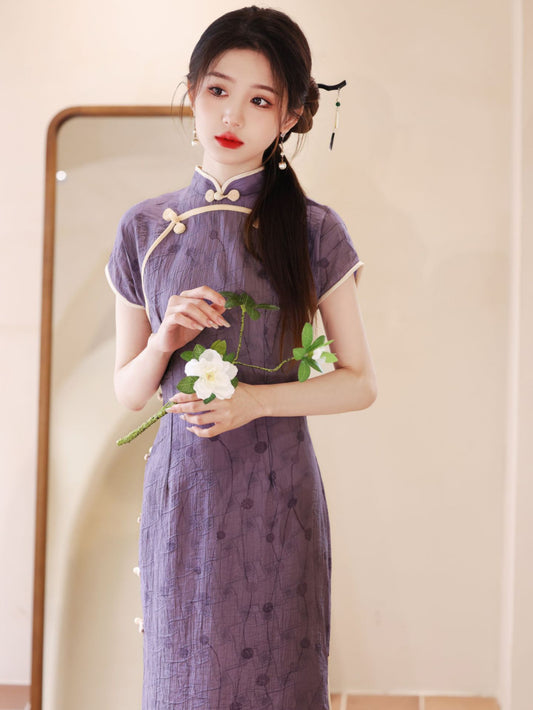 Lavender Tencel Cotton Modified Cheongsam Dress