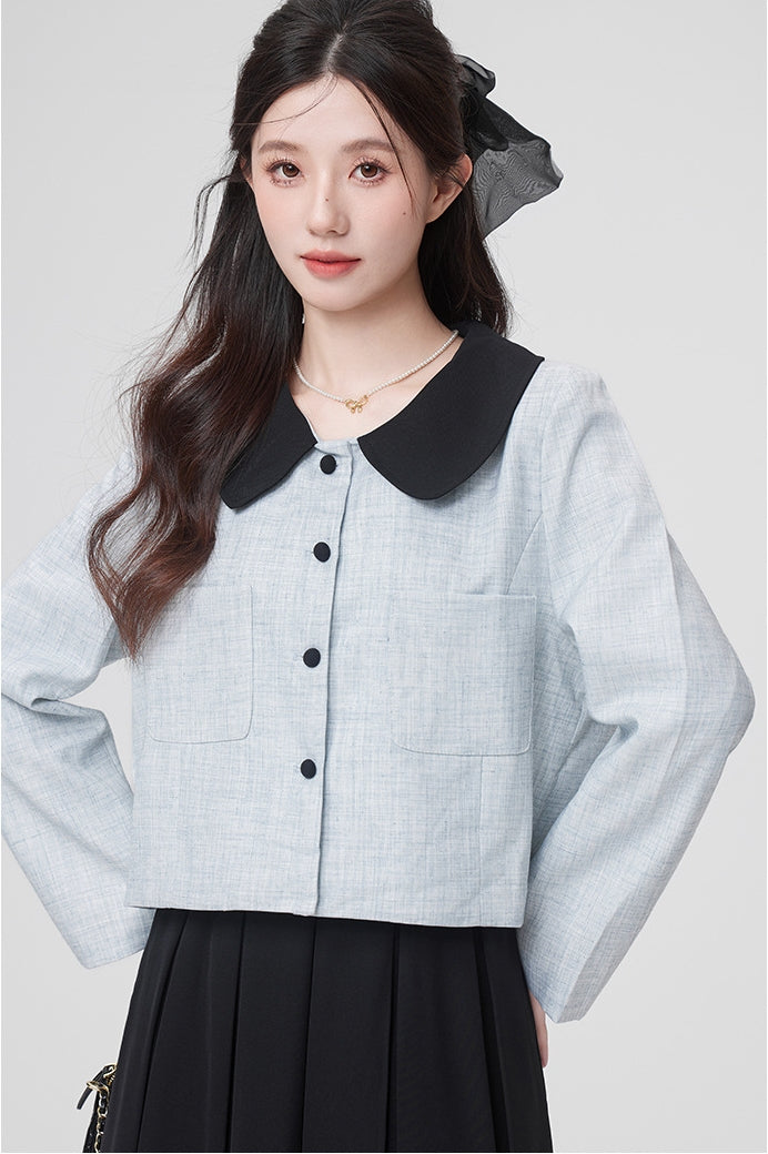 Bow-Tie Collar Blue Buttoned Blouse and Pleated Black Skirt Set