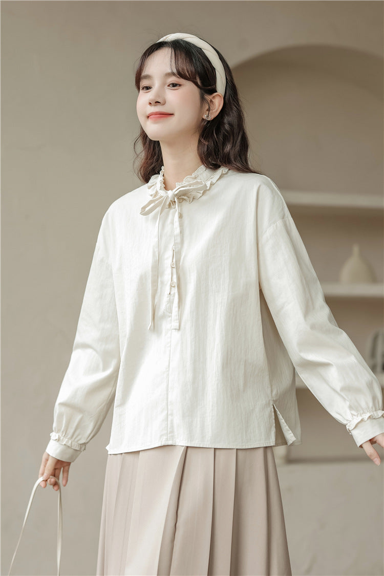 Elegant Ruffled Collar Ribbon-Tie Loose Fit Blouse