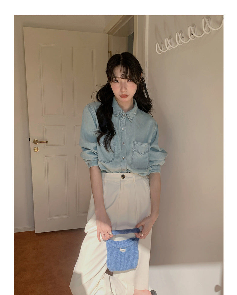 Sky Blue Casual Denim Shirt - Masion Chérie