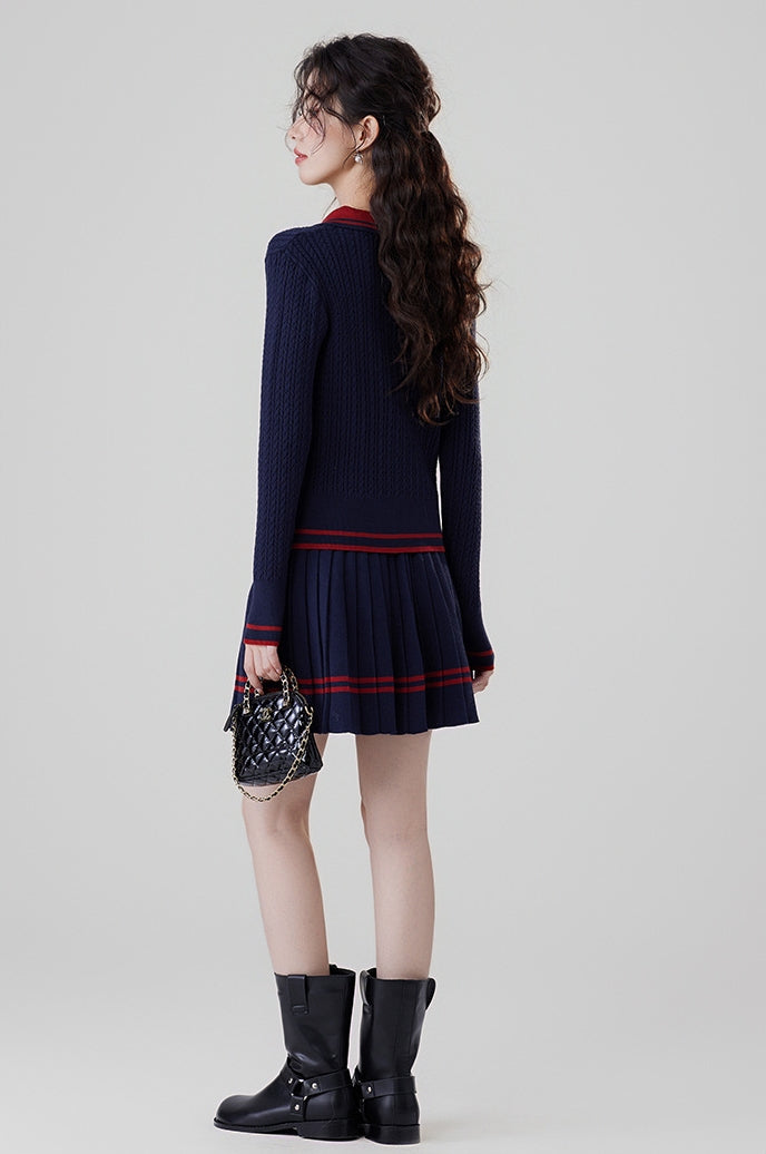 Contrast Color Cable Knit Top and Pleated Mini Skirt Set