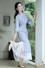 Elegant Blue Long Sleeve Modified Cheongsam Dress