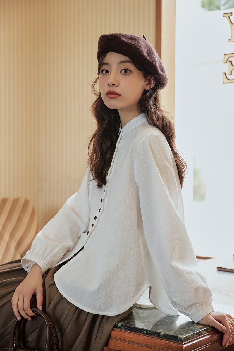 White Long Sleeve Button-Down Blouse - Masion Chérie