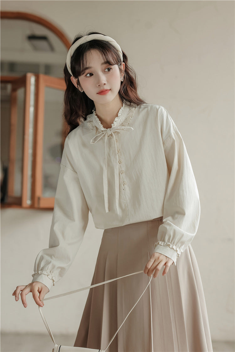 Elegant Ruffled Collar Ribbon-Tie Loose Fit Blouse