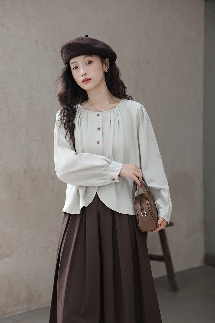 Minimalist Round Neck Buttoned Front Blouse