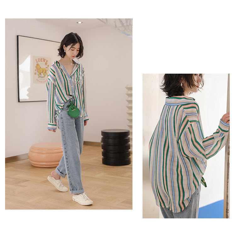 Vibrant Striped Button-Up Long Sleeve Blouse - Masion Chérie