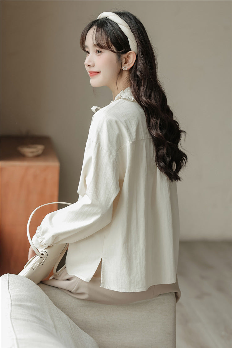 Elegant Ruffled Collar Ribbon-Tie Loose Fit Blouse