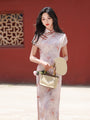 Romantic Vintage Tencel Satin Pastel Pink Floral Cheongsam Dress