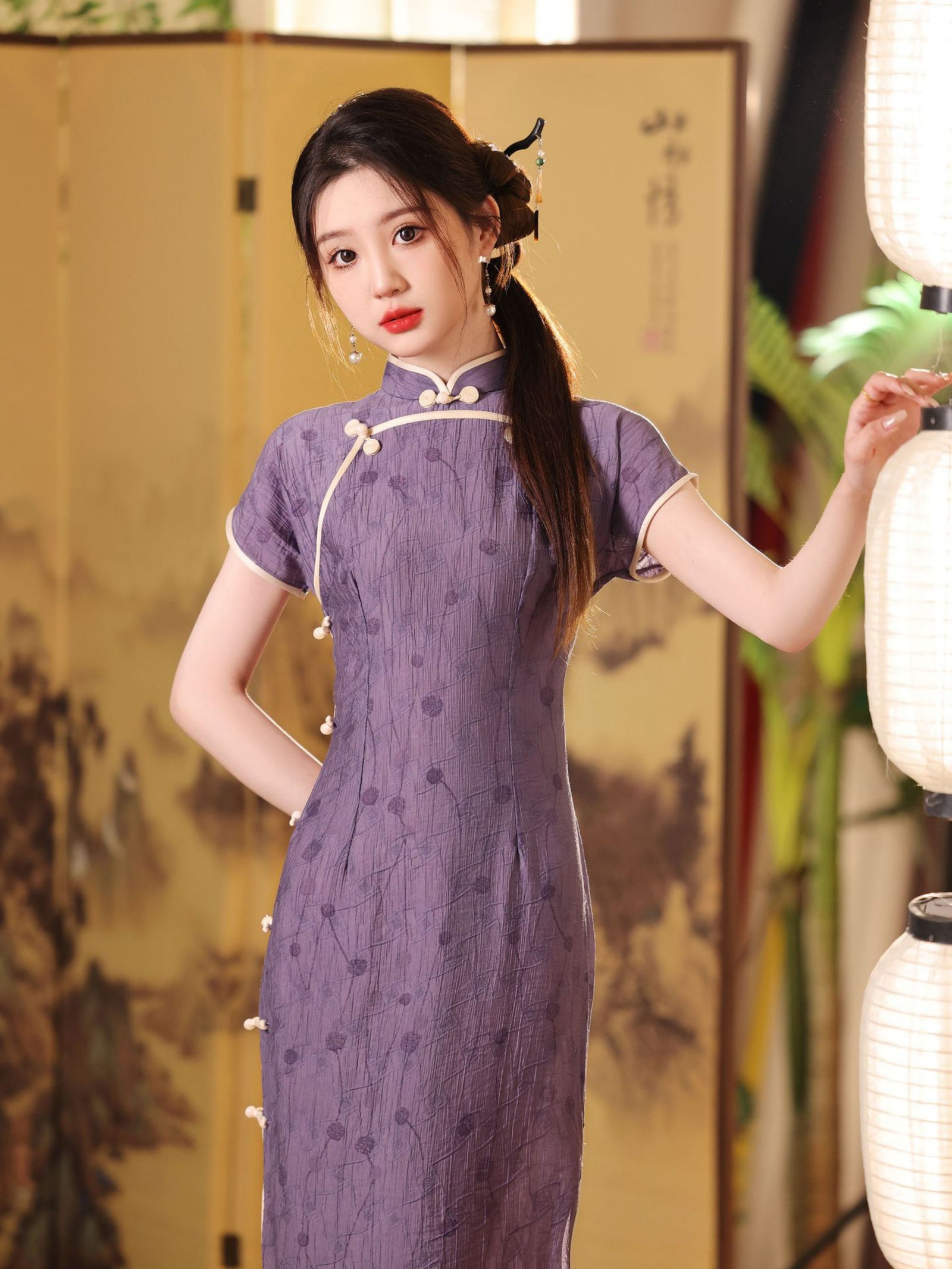 Lavender Tencel Cotton Modified Cheongsam Dress