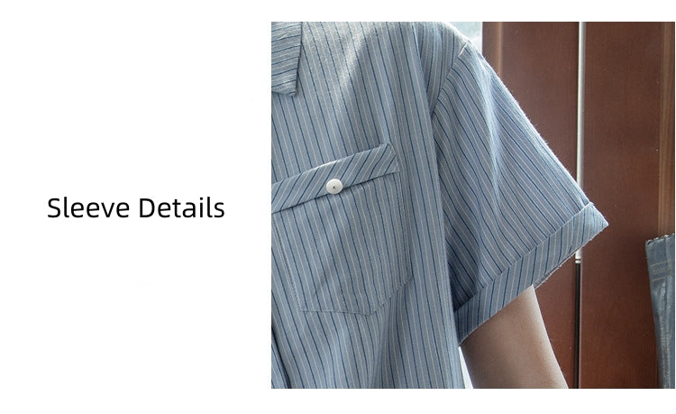 Blue Striped Short Sleeve Button-Up Shirt - Masion Chérie