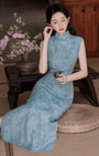 Elegant Blue Floral Embroidered Cheongsam Set