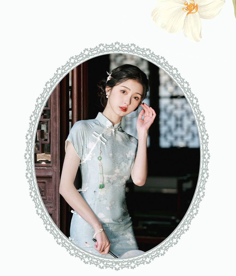 Elegant Blue Floral Print Cheongsam Dress - Masion Chérie