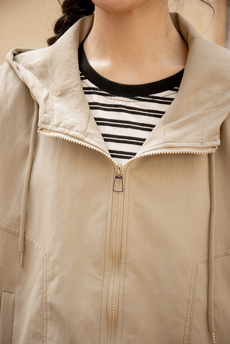 Khaki Casual Hooded Zip-Up Jacket